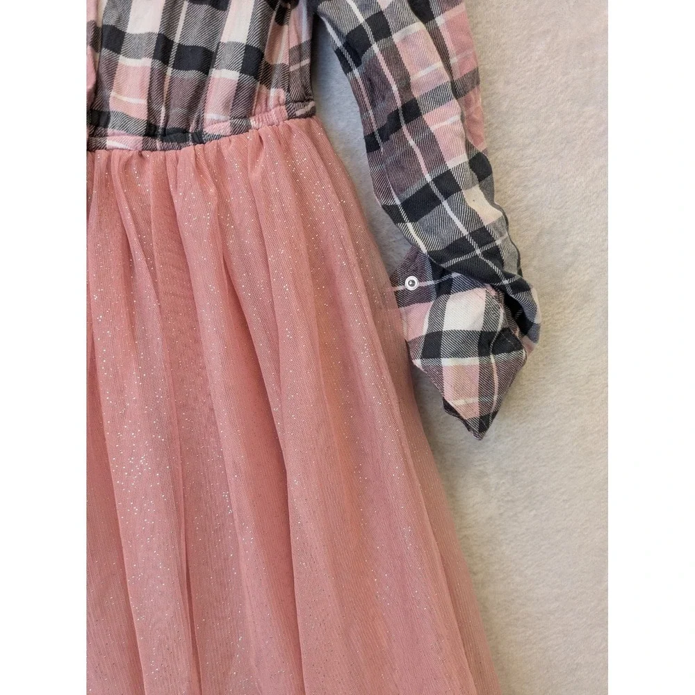 Justice Girls Size 10 Pink Plaid Button Front Tie Tutu Dress Glitter Tulle Skirt
